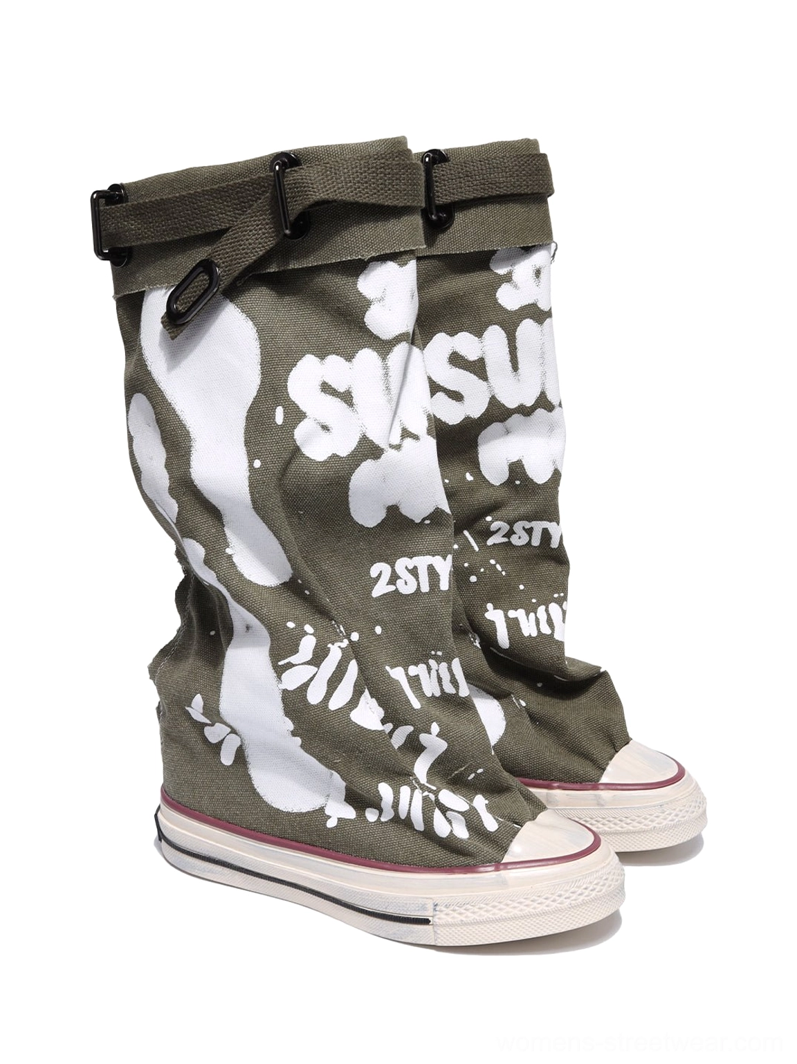 Taupe graffiti canvas slouchy platform tall boots close-up of chunky outsole and sneaker-inspired tread
