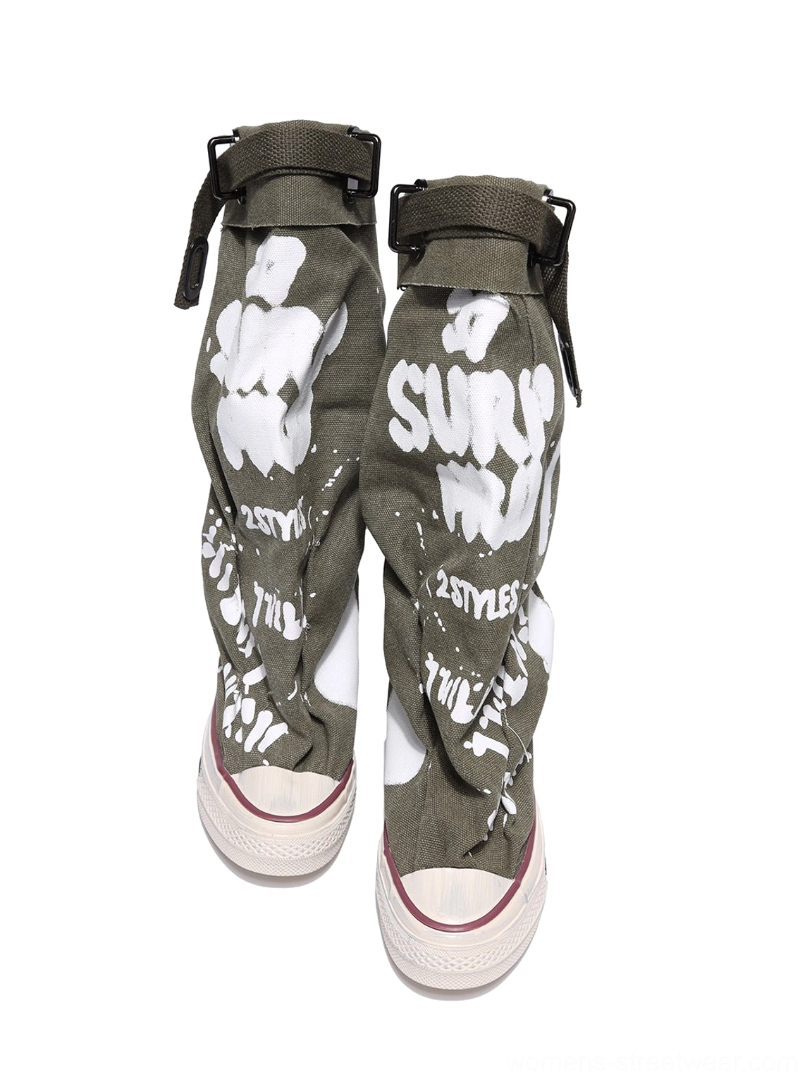 Taupe graffiti canvas slouchy platform tall boots close-up of distressed rubber toe cap and canvas upper