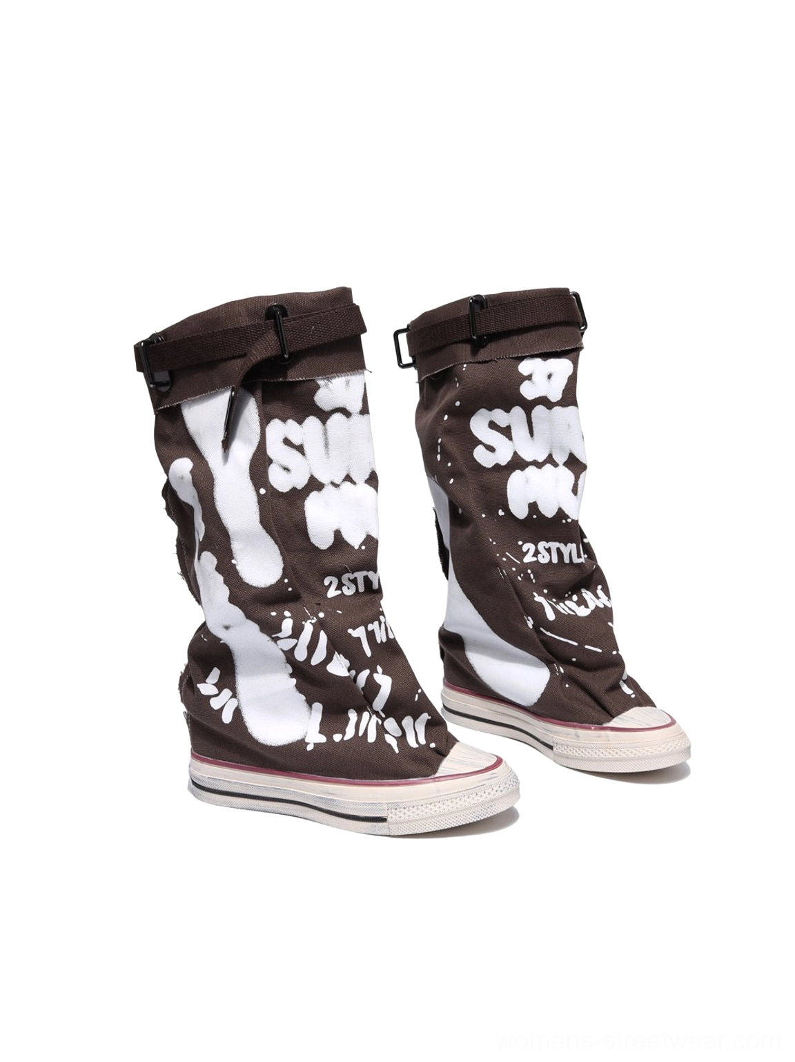 Taupe graffiti canvas slouchy platform tall boots showing tall relaxed shaft and retro sneaker outsole