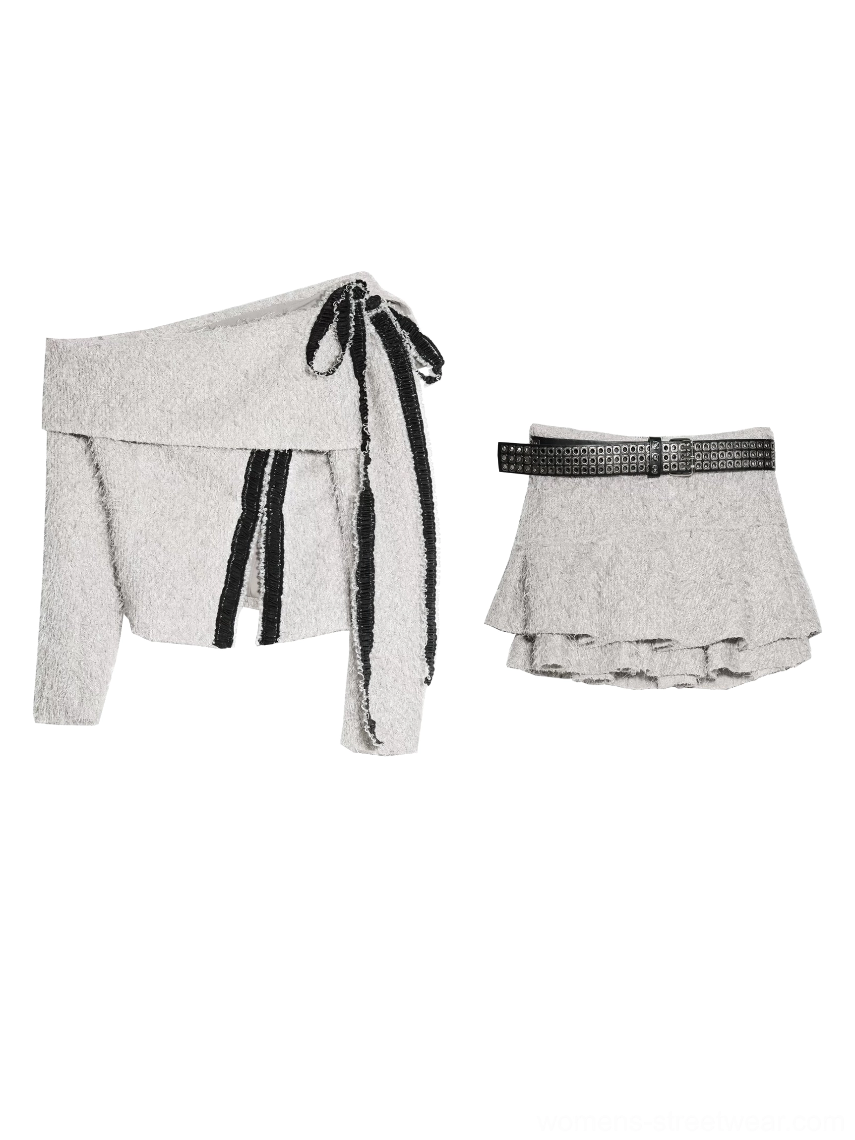 Flat lay of taupe off-shoulder knit top, ruffle mini skirt, and detachable black eyelet belt