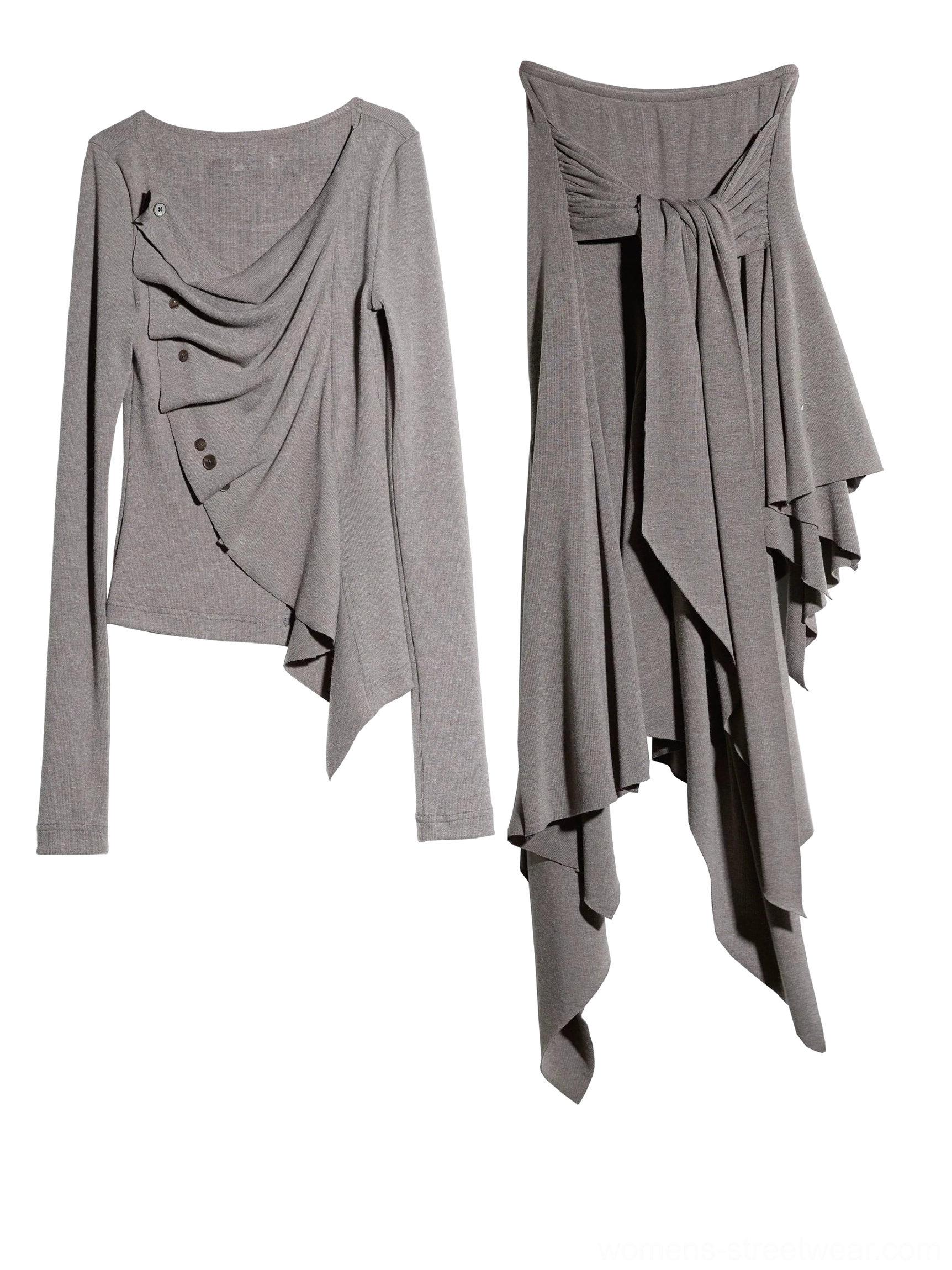Flat lay view of taupe two piece streetwear outfit featuring asymmetric draped long sleeve top and matching tied wrap skirt with cascading hem