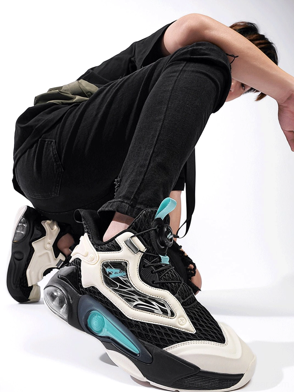 Technical air cushion sneakers with molded overlays, sporty profile, and contemporary urban styling