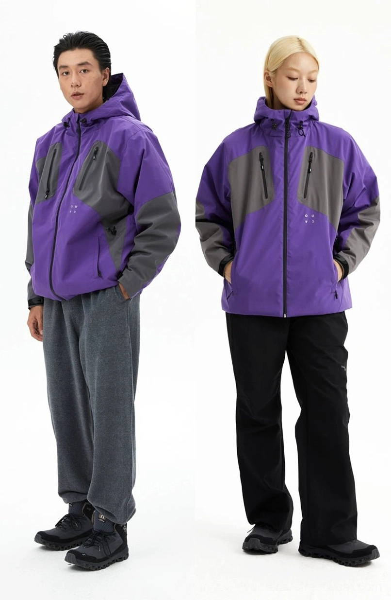 Techwear inspired outdoor padded hooded jacket with practical pockets and adjustable drawcord details