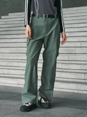 Sage green techwear waterproof cargo pants shown from the front with a relaxed straight-leg fit, thigh utility pockets, belt loops, and outdoor streetwear styling
