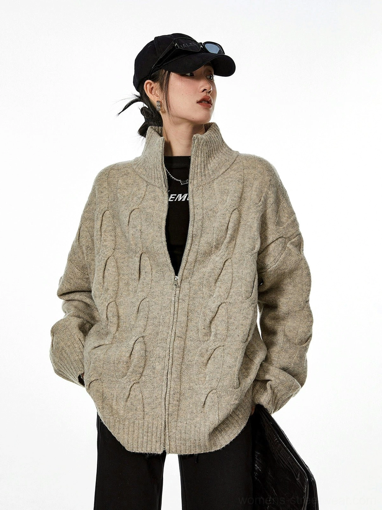 Teddy brown oatmeal beige cable knit zip-up cardigan oversized dropped shoulders front view
