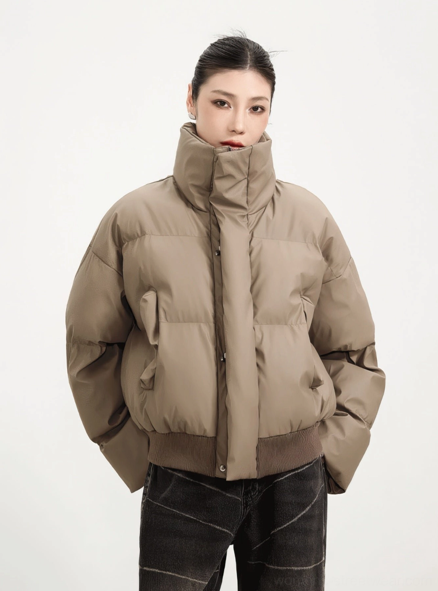 Teddy Brown cropped puffer winter jacket with high stand collar ribbed hem dropped shoulders and side pockets styled for Korean streetwear