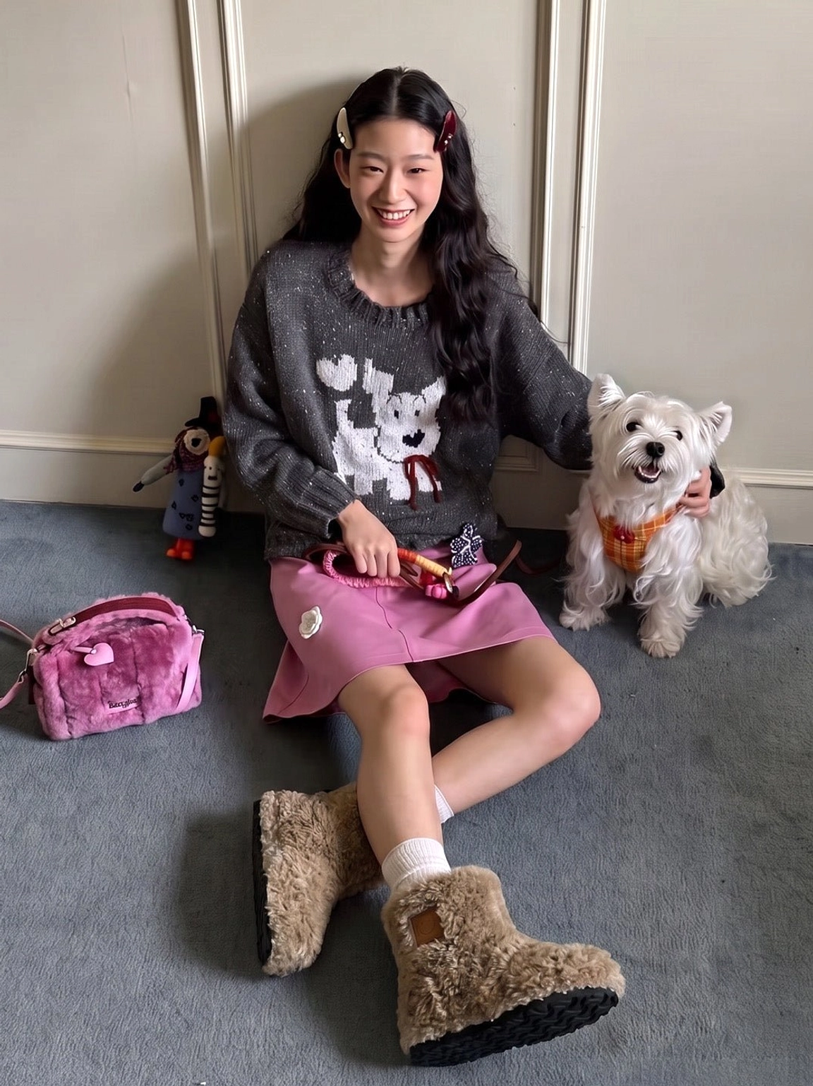 Khaki teddy fleece platform ankle boots styled in a cozy indoor winter outfit with a pet dog