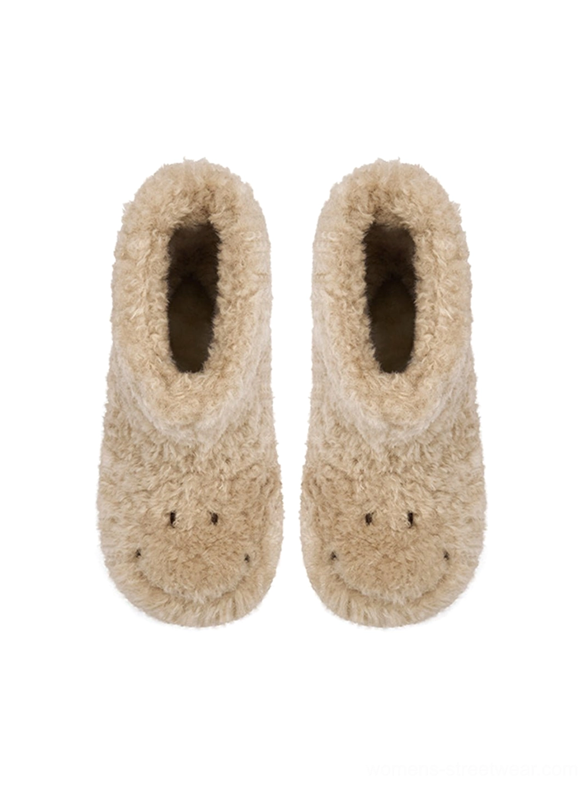 Top view of khaki teddy fleece platform ankle boot showing soft plush opening and embroidered smiley toe detail