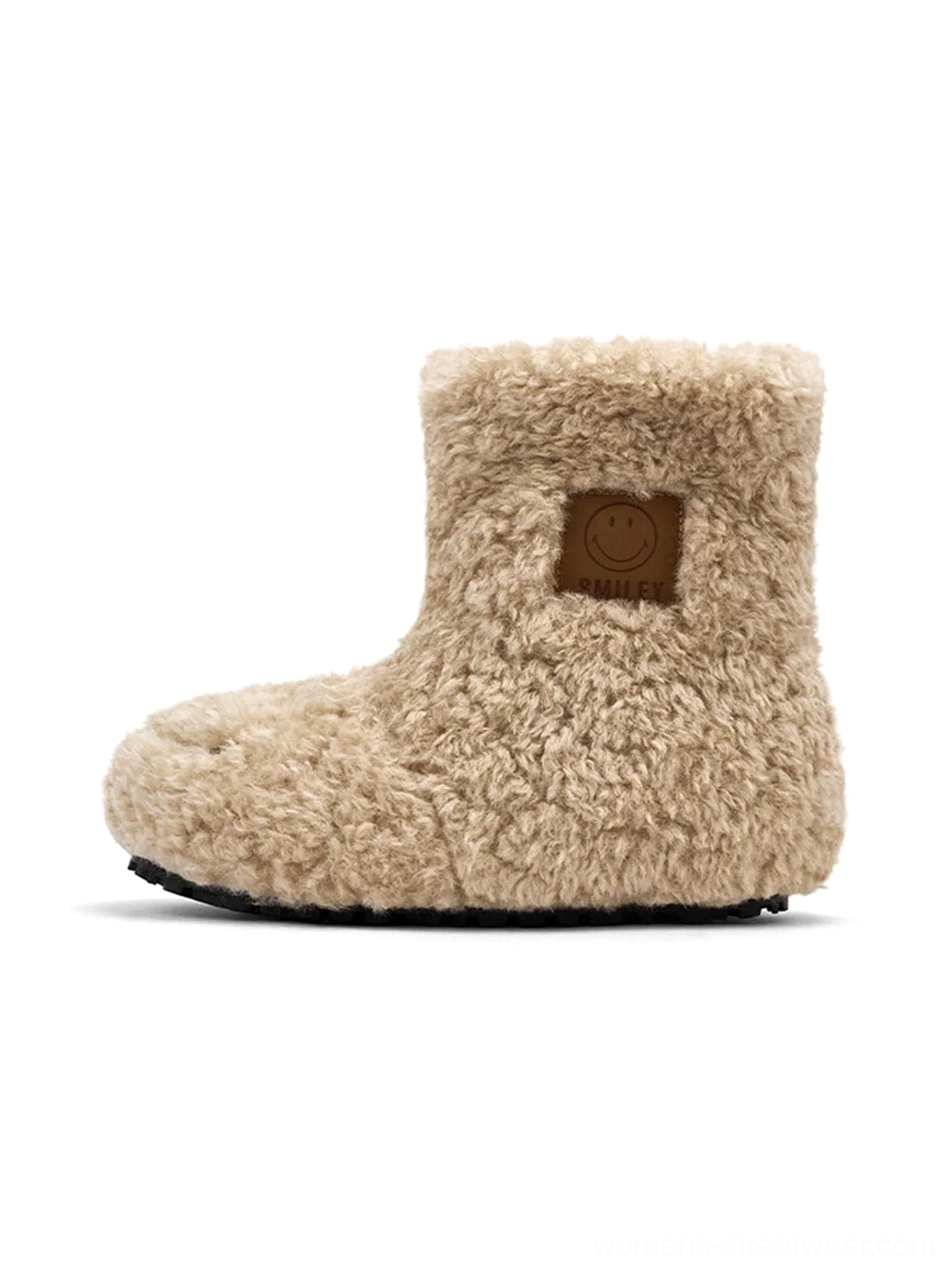 Khaki teddy fleece platform ankle boot with brown smiley patch and chunky black outsole side view