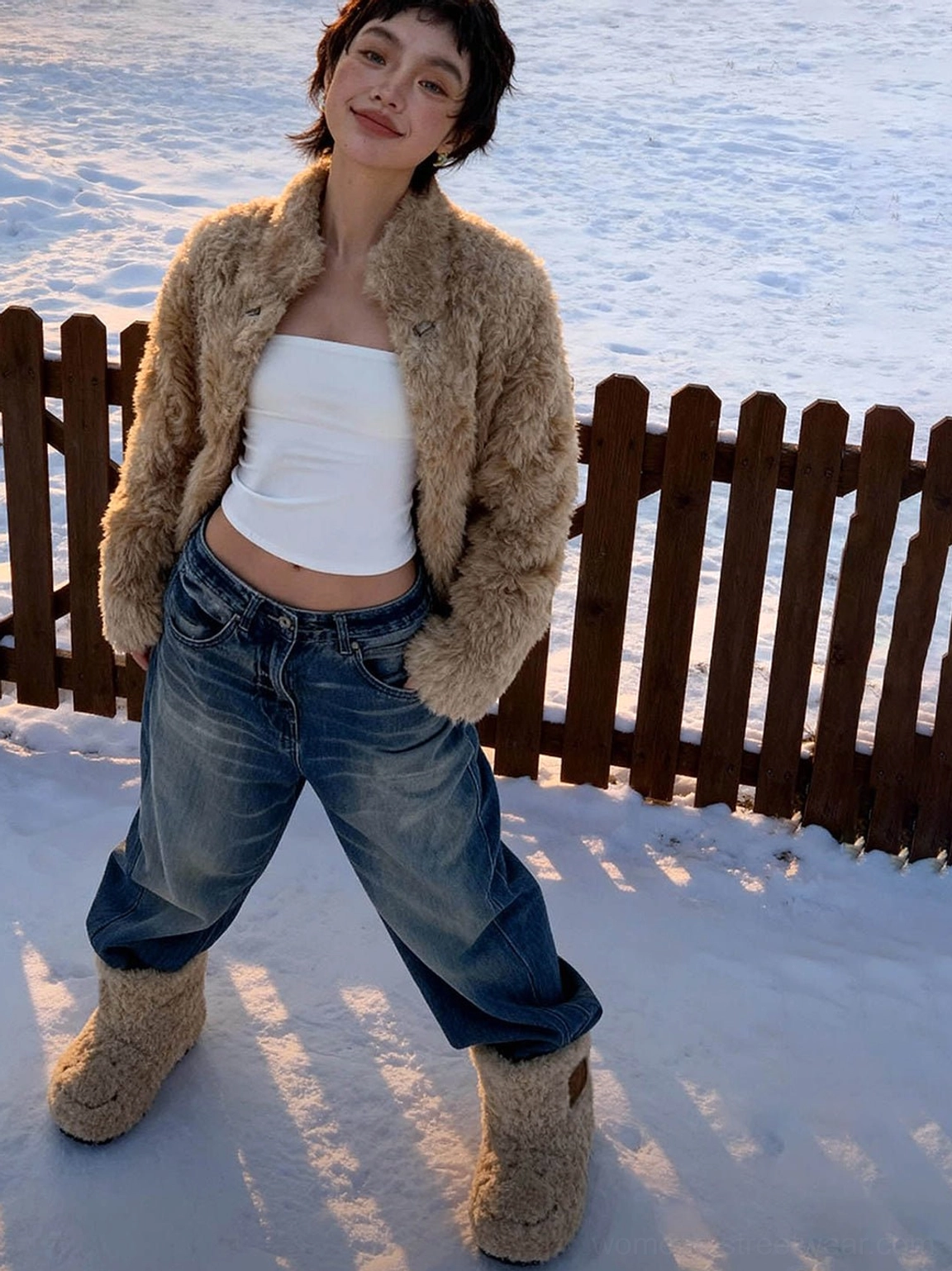 Model wearing khaki teddy fleece platform ankle boots with loose jeans and shearling coat in snowy outdoor outfit