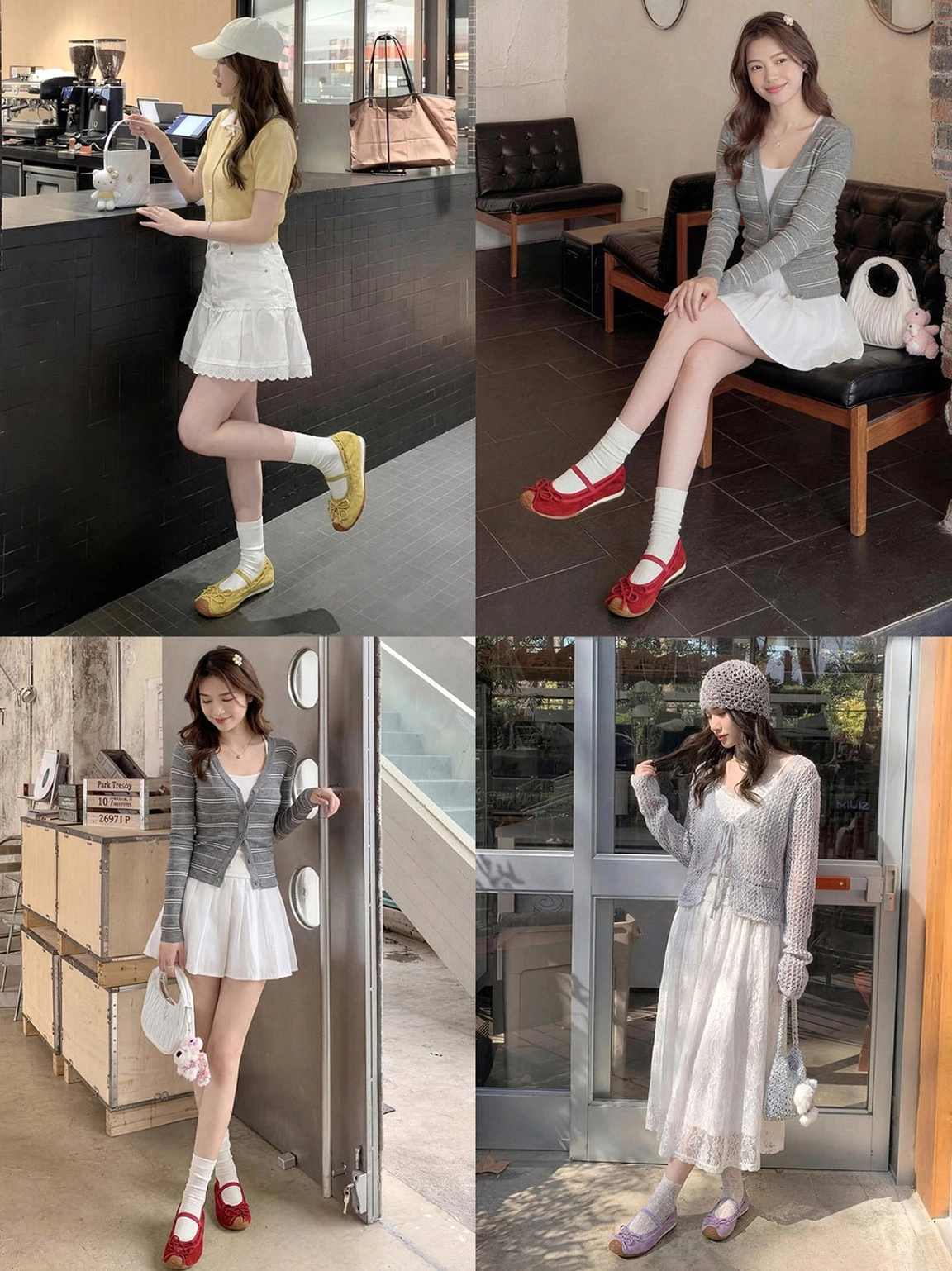 Textured bow Mary Jane ballet flats for ballet-core Korean streetwear and casual everyday outfits