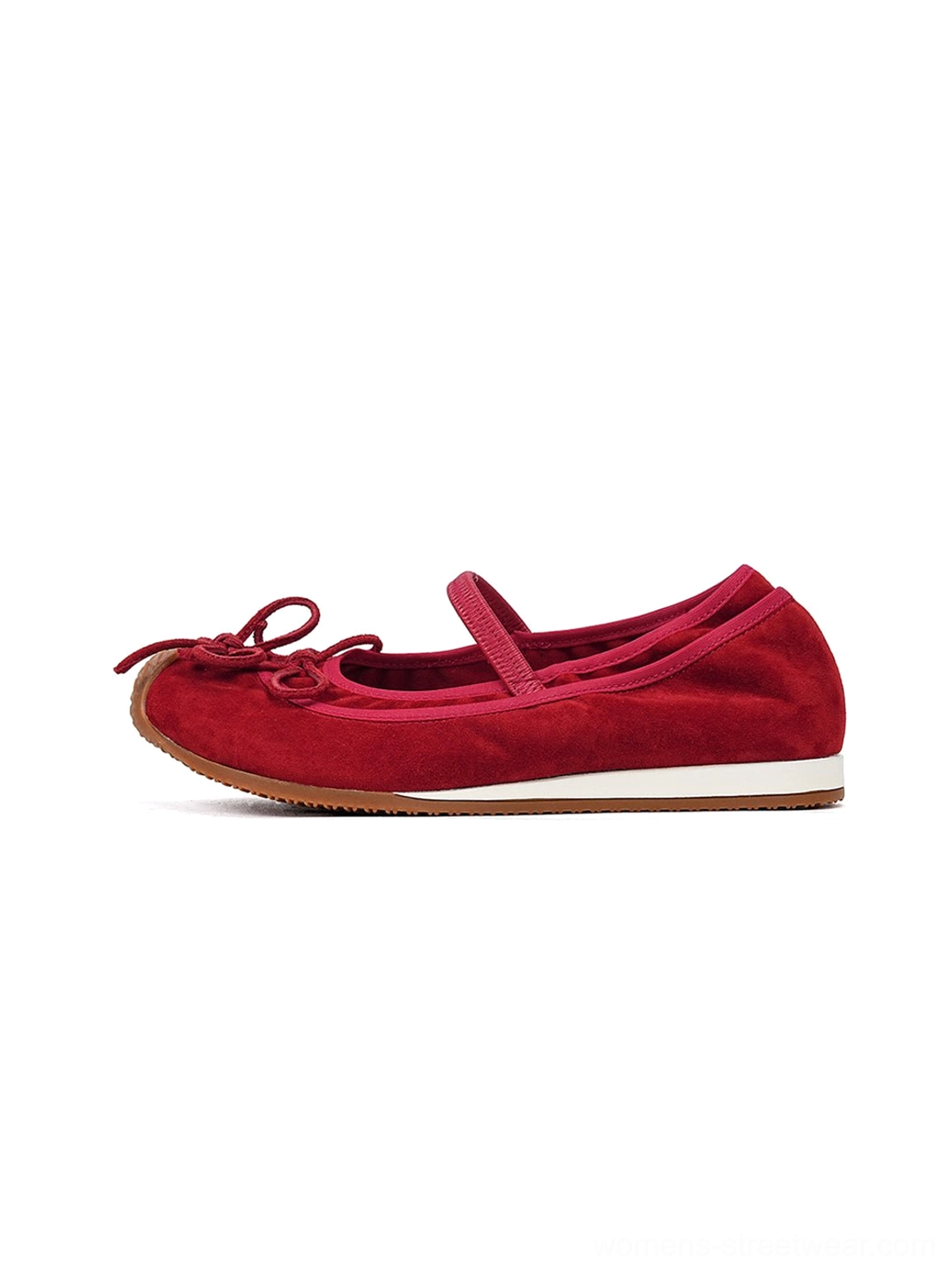 Deep red textured bow Mary Jane ballet flats with matching strap round toe and brown contrast sole side view