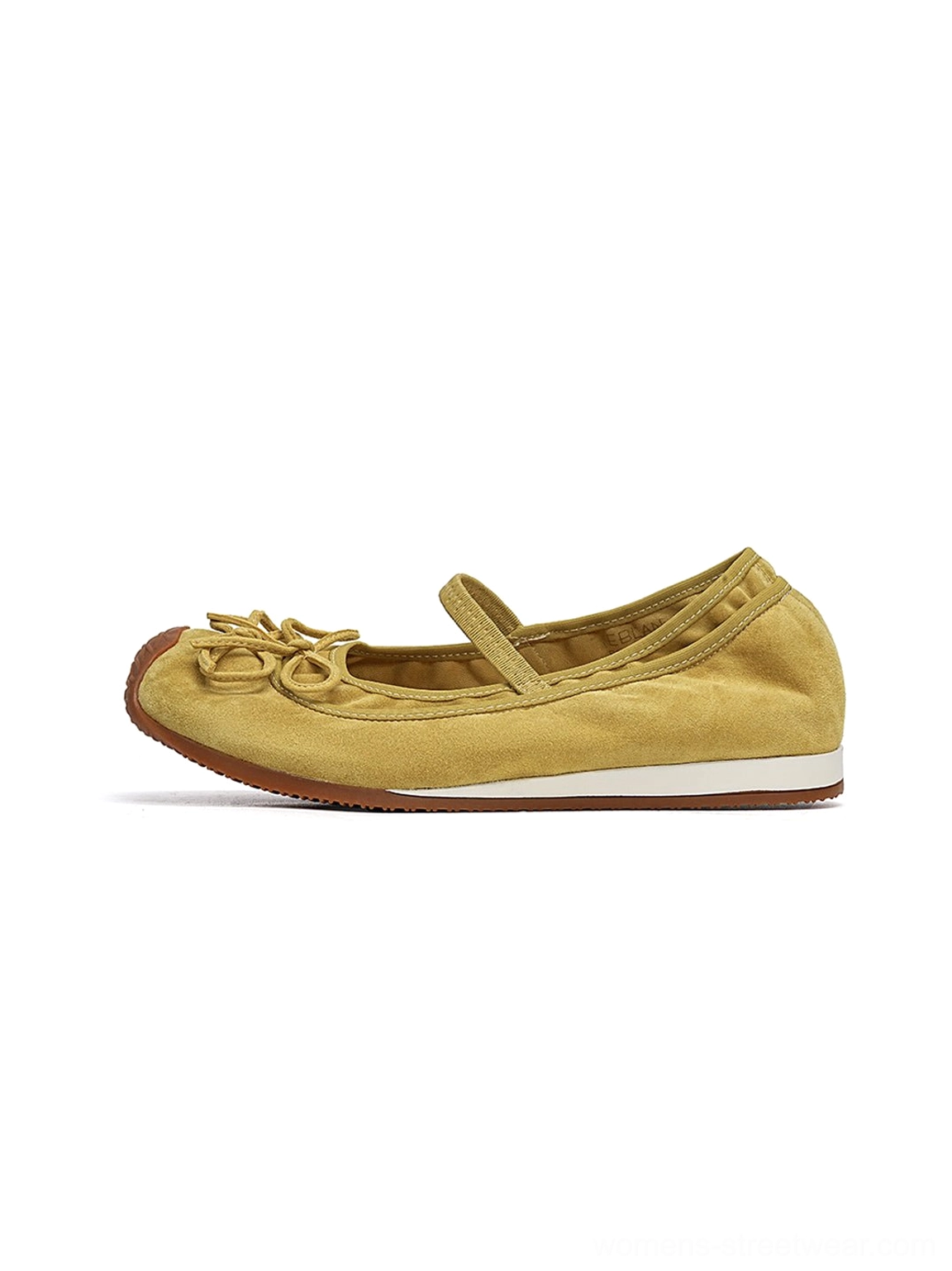 Mustard yellow textured bow Mary Jane ballet flats with round toe and brown contrast rubber sole side view
