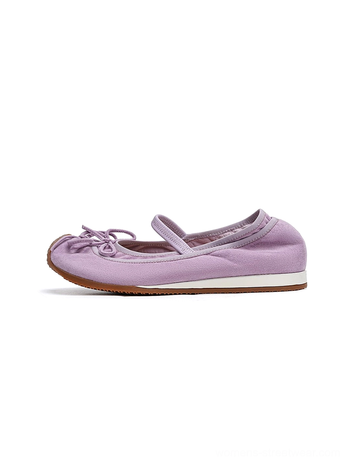 Purple textured bow Mary Jane ballet flats with rounded toe slim instep strap and contrast rubber sole