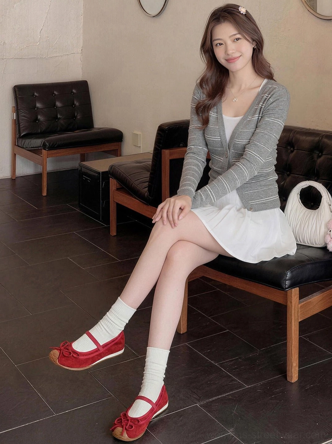 Deep red Mary Jane ballet flats styled with white mini skirt and striped cardigan for a Korean fashion outfit