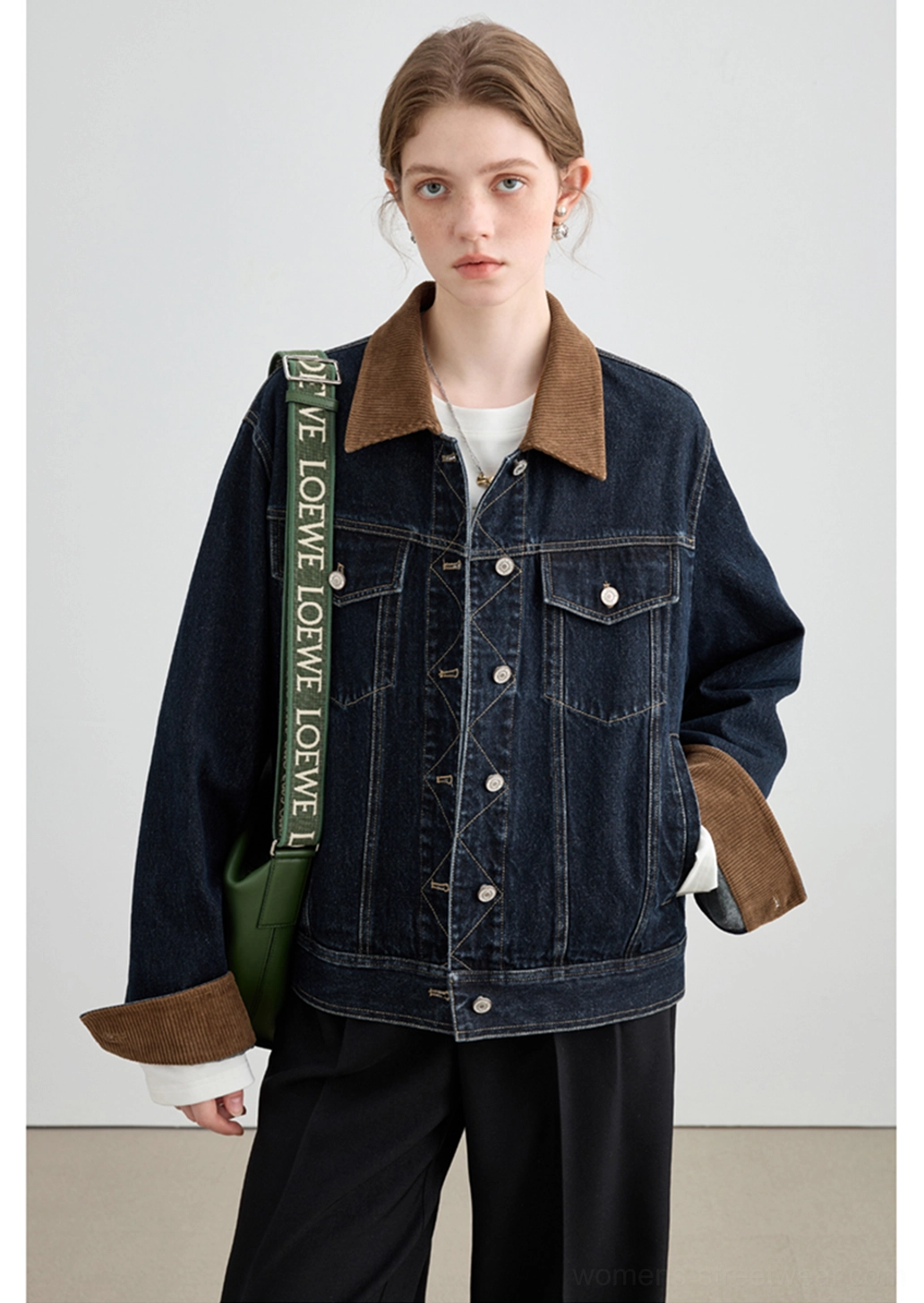 Textured cotton denim trucker jacket with corduroy trim and embroidered cuff accents for autumn layering