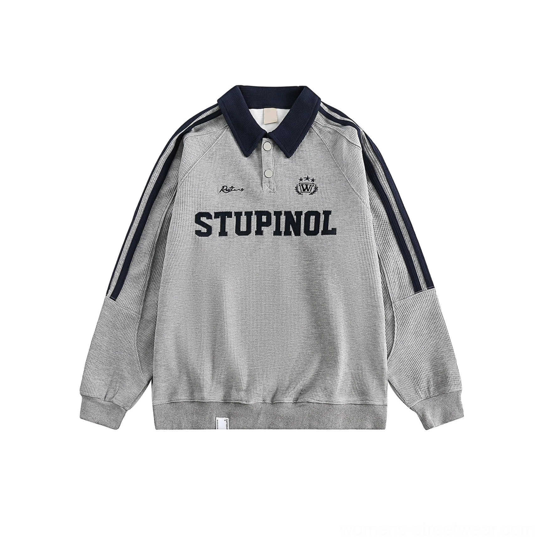 Textured oversized varsity sweatshirt designed for Seoul street style, autumn layering, and relaxed everyday outfits