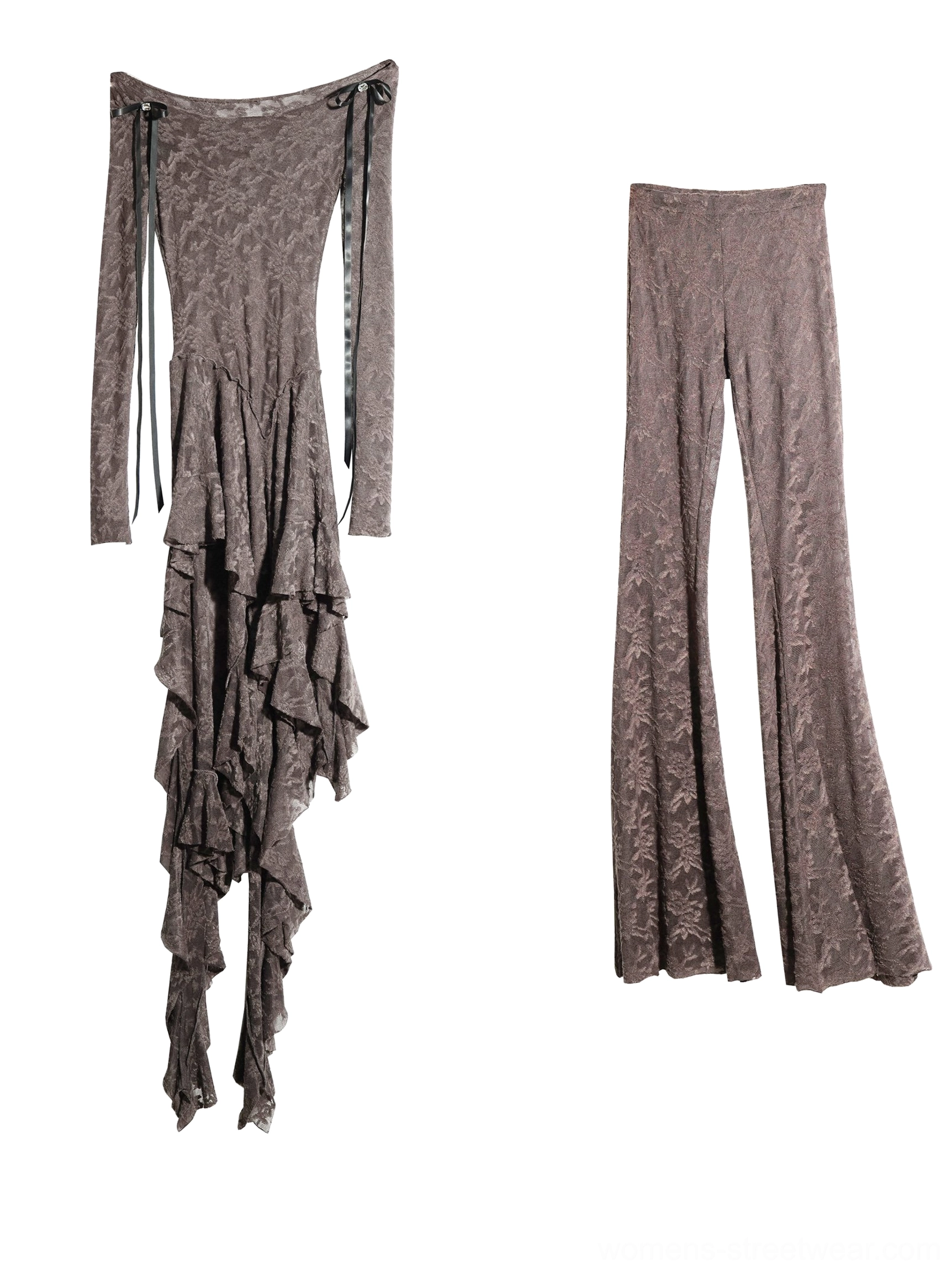 Flat lay display of off shoulder floral lace top and high waisted flared textured dance pants