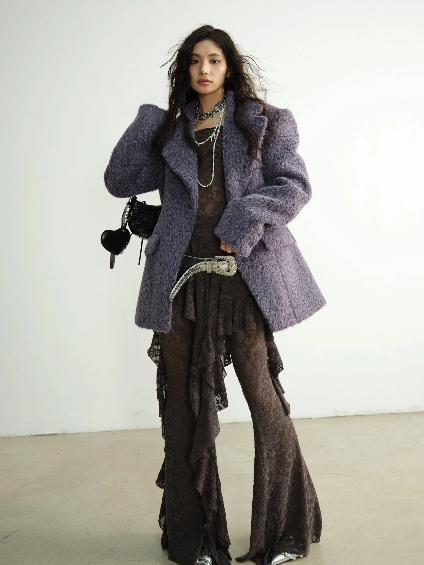 Textured ruffle lace dance pant set product detail with high waisted flared streetwear pants