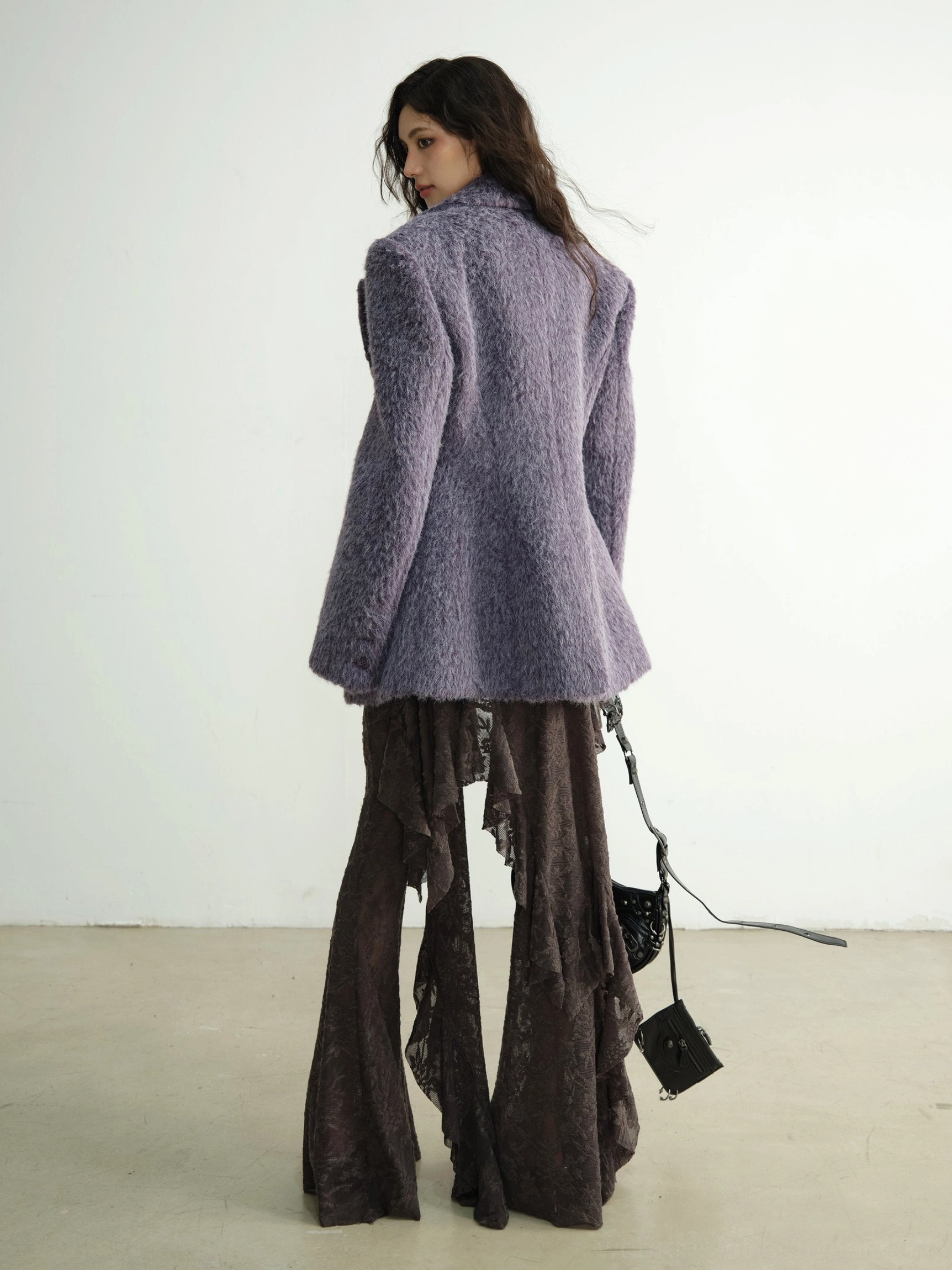 Textured ruffle lace dance pant set fashion product image featuring off shoulder top and statement flared pants
