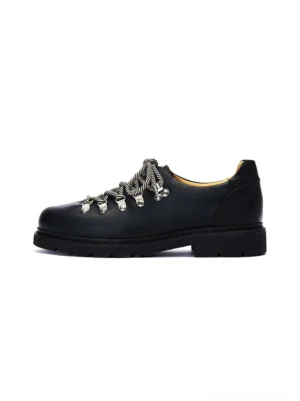 Black textured suede metal-eyelet Derby shoes with grey round laces and black rubber outsole side profile
