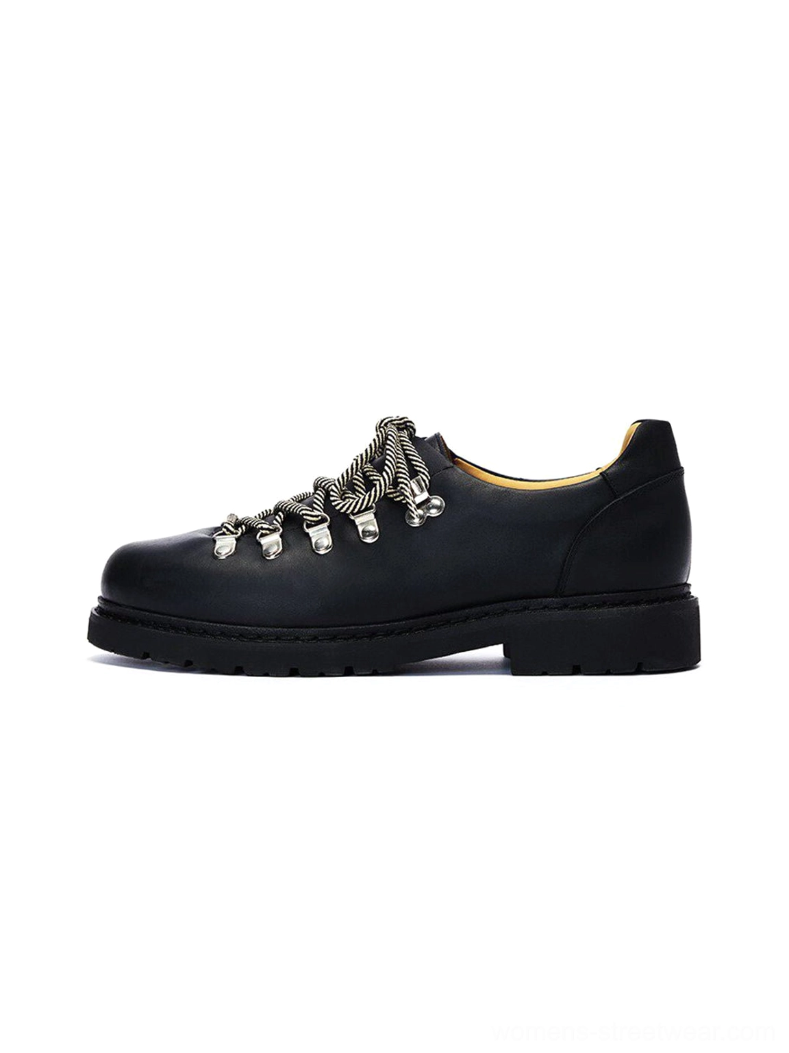 Black textured suede metal-eyelet Derby shoes with grey round laces and black rubber outsole side profile