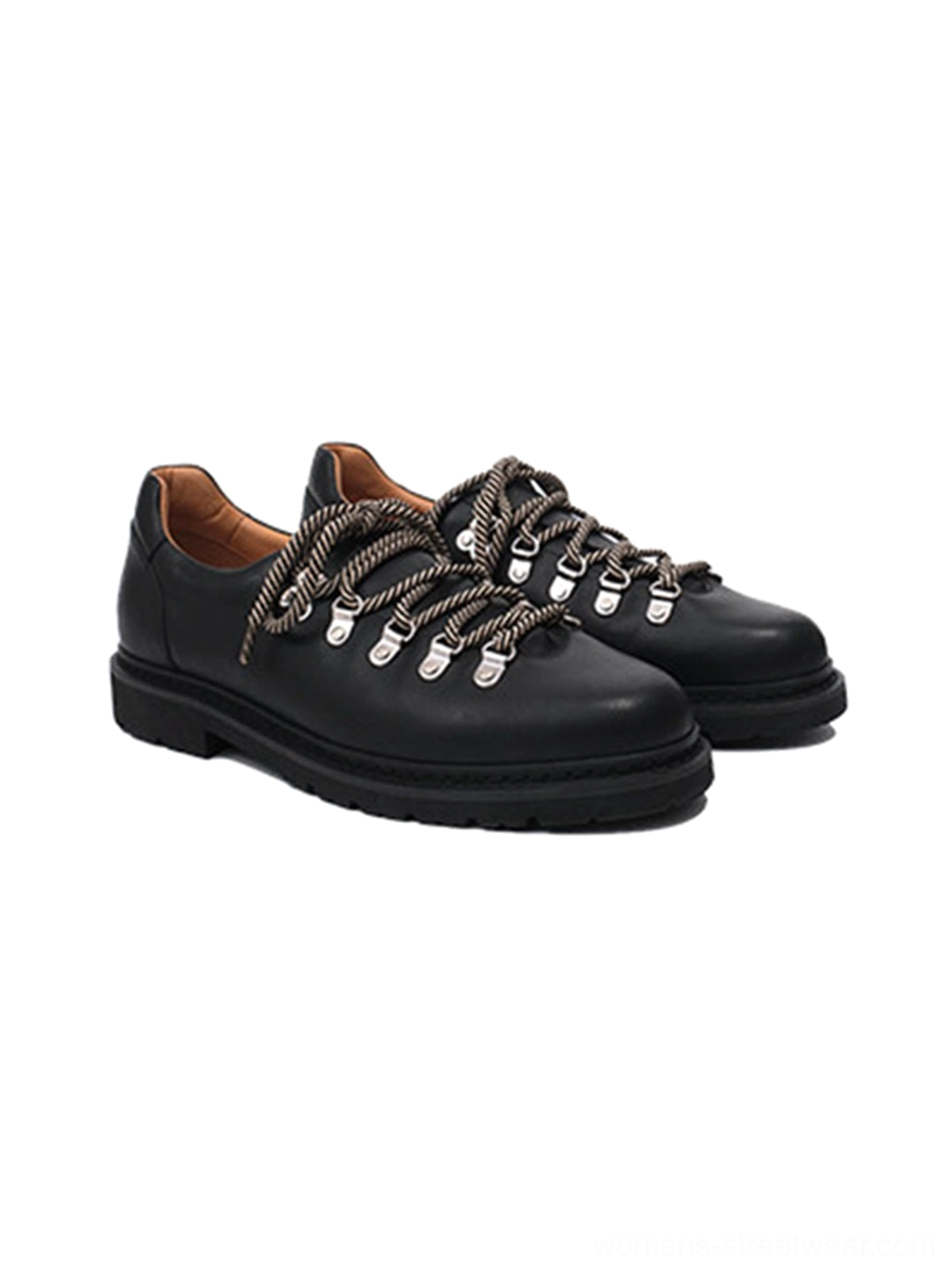 Top view of black textured suede metal-eyelet Derby shoes with brown leather insoles and rubber soles