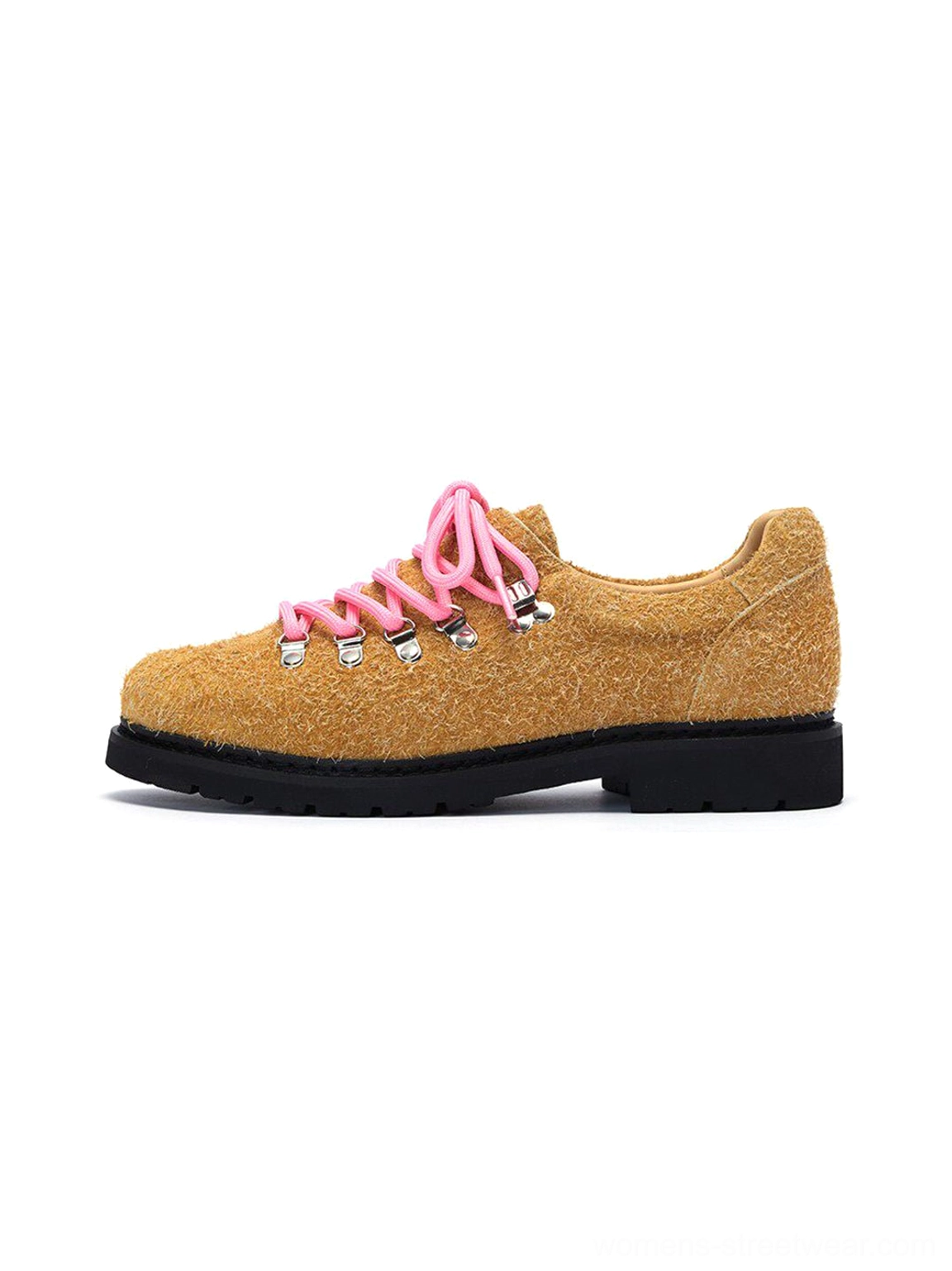 Khaki textured suede metal-eyelet Derby shoes with bright pink laces and black rubber outsole side profile