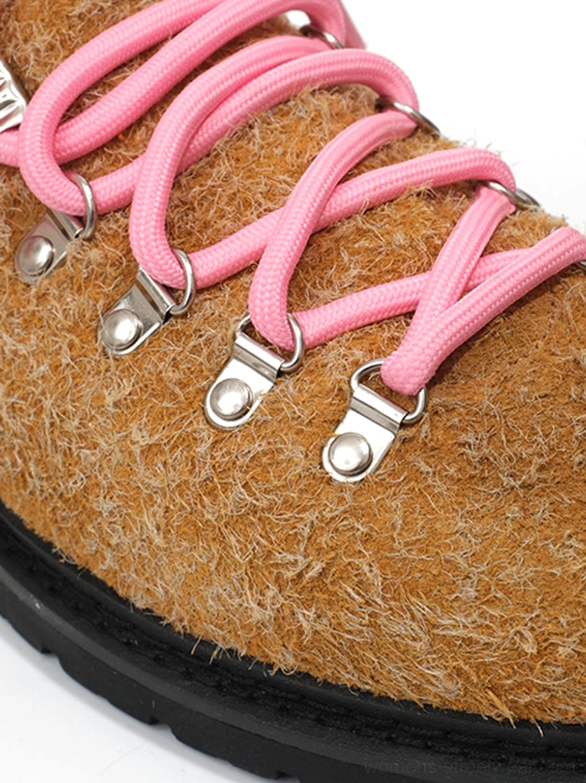 Close-up of khaki textured suede Derby shoe with pink round laces silver metal eyelets and black sole