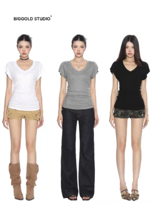 Three-color collection of slim V-neck ruched women's streetwear T-shirts in white heather gray and black