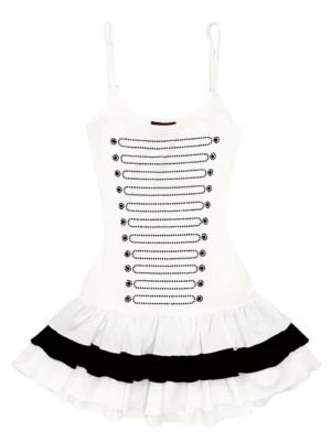 White tiered rhinestone spaghetti strap mini dress with sparkling front embellishments and black layered ruffle hem displayed flat