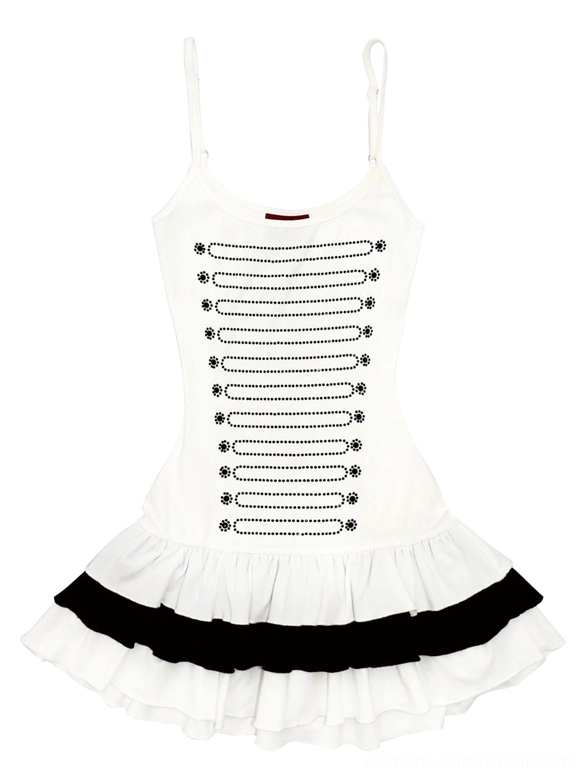 White tiered rhinestone spaghetti strap mini dress with sparkling front embellishments and black layered ruffle hem displayed flat