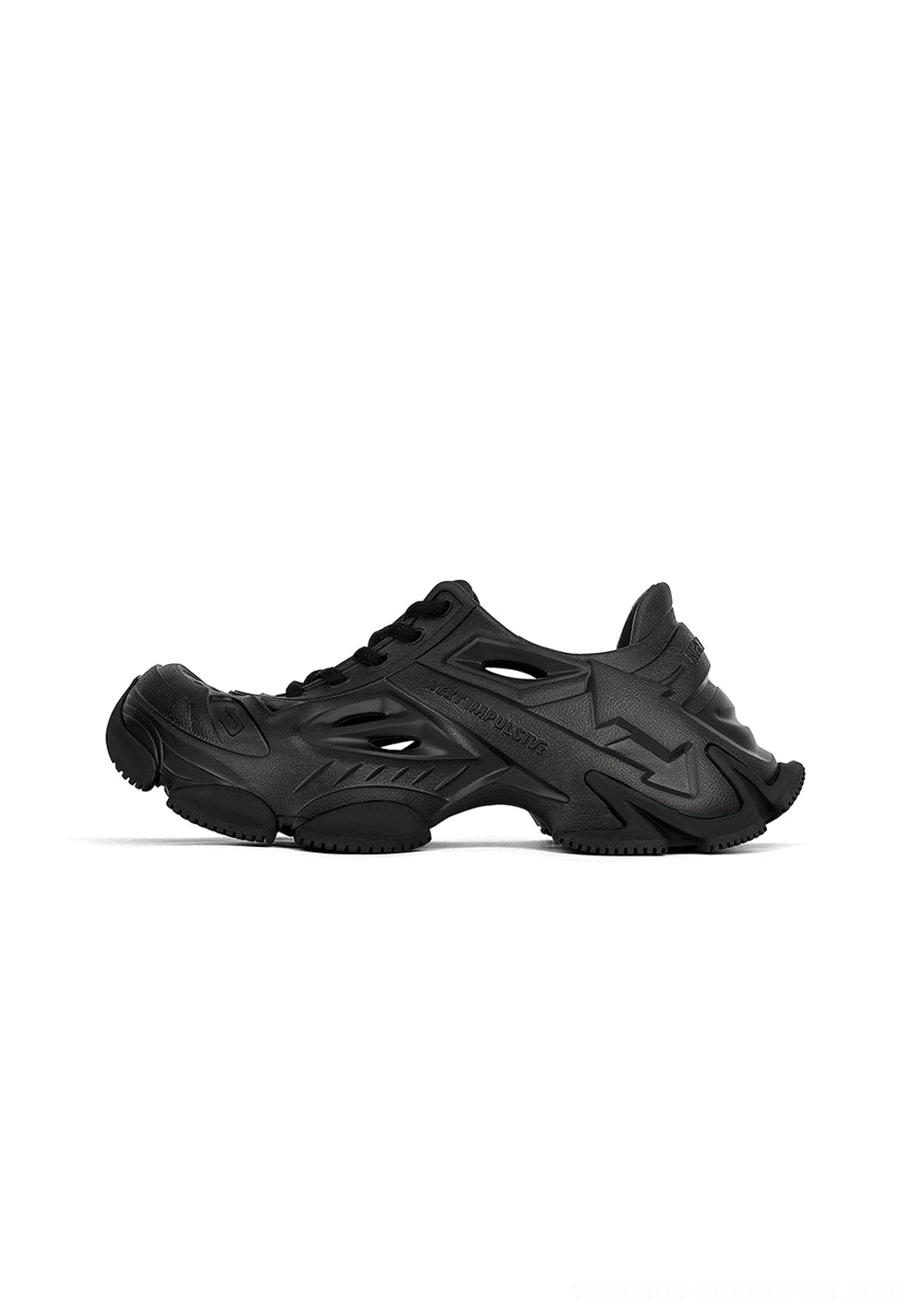 Matte black Time-Space platform clog sneaker with vented sculptural upper and thick futuristic chunky sole