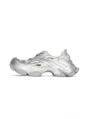 Metallic silver Time-Space platform clog sneakers with vented sculptural upper and chunky futuristic sole on white background