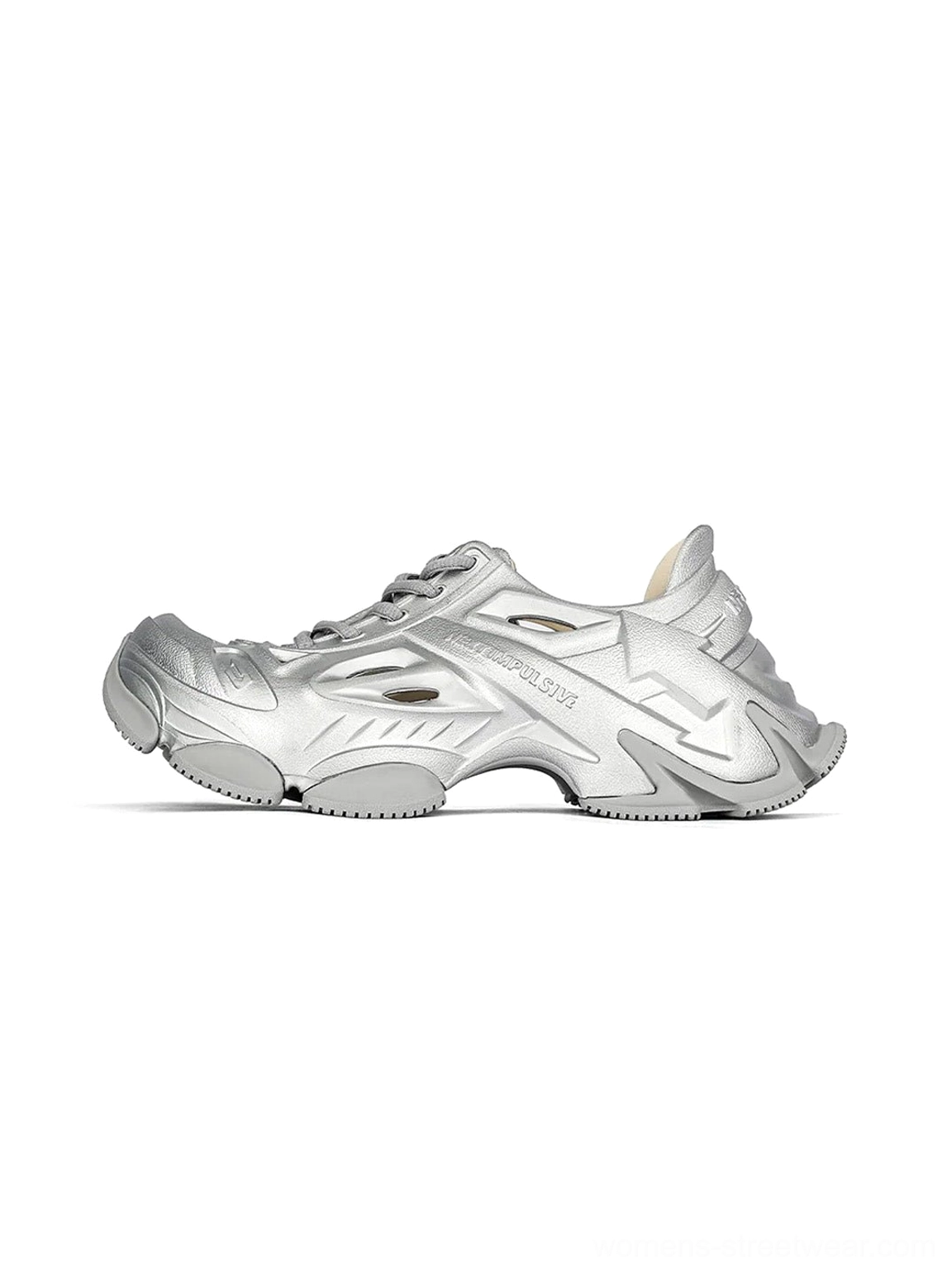 Metallic silver Time-Space platform clog sneakers with vented sculptural upper and chunky futuristic sole on white background