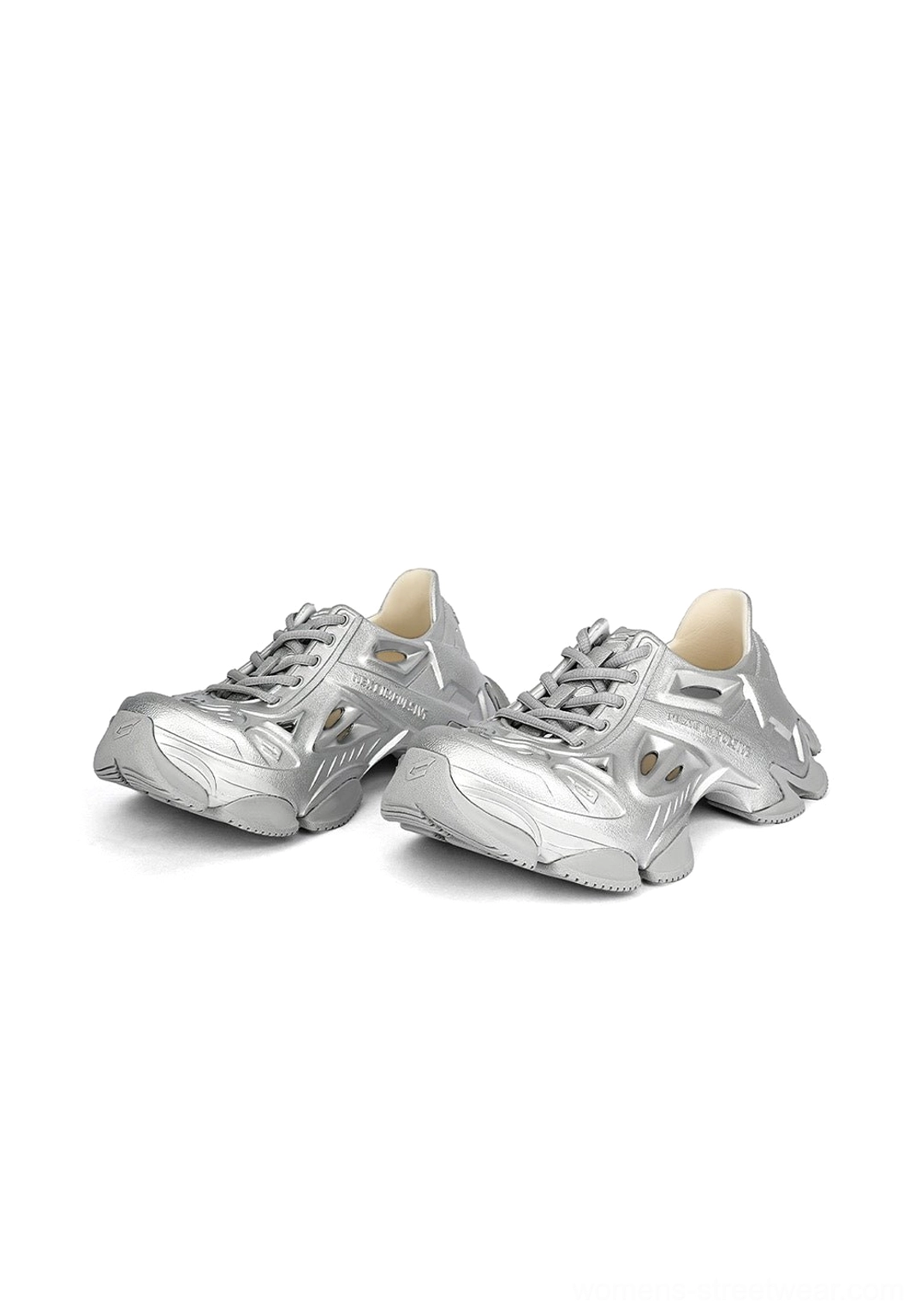 Top view of metallic silver Time-Space platform clog sneakers with cutout upper, laces, beige interior and chunky rubber sole