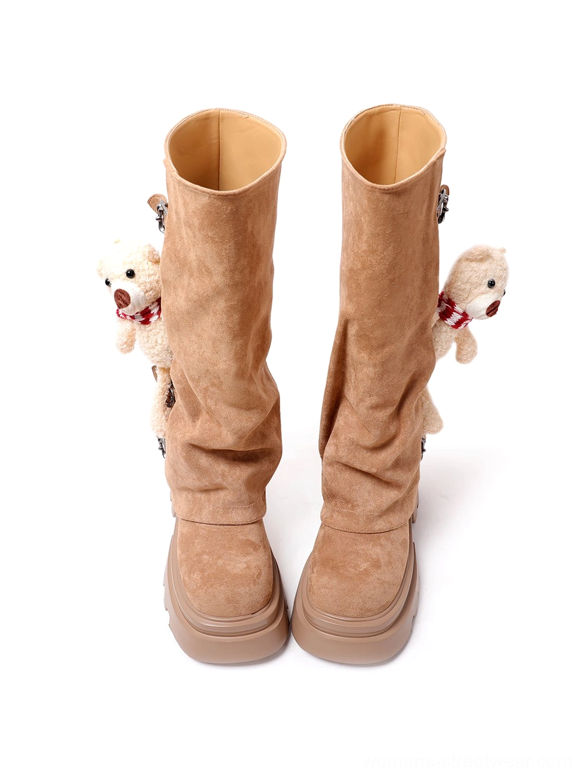 Top-down view of brown teddy bear charm mid-calf boots showing rounded openings and thick platform lug soles