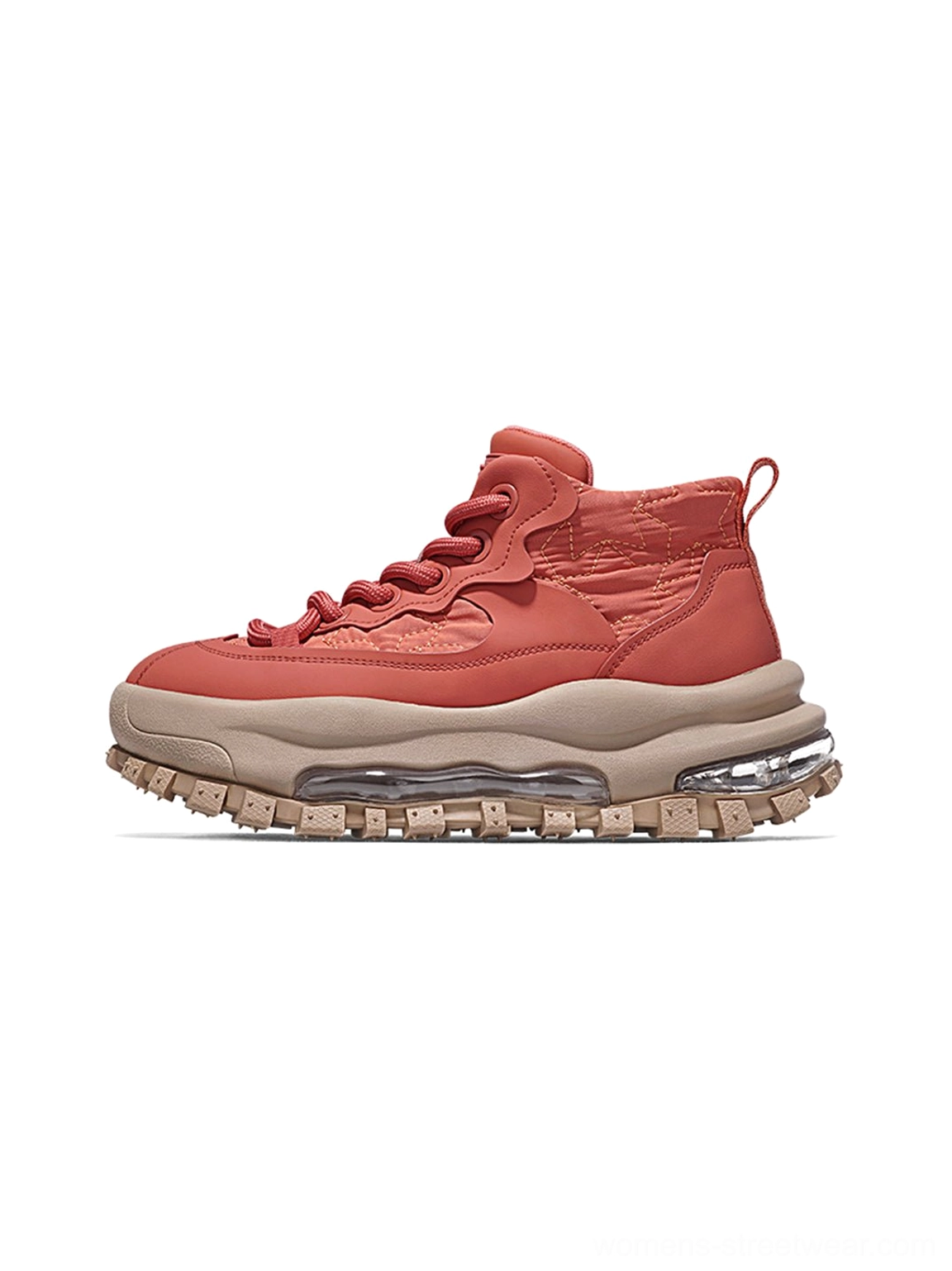 Terracotta and beige trail platform sneakers side profile with outdoor-inspired upper and visible air cushion detail