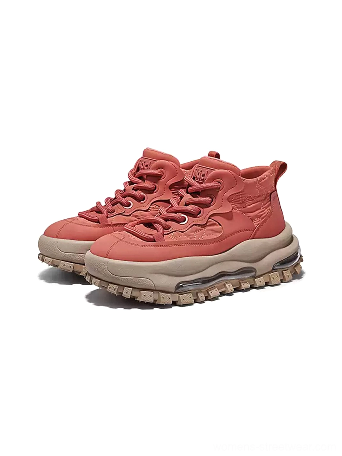 Pair of terracotta trail platform sneakers with beige chunky sole and transparent air cushion accent