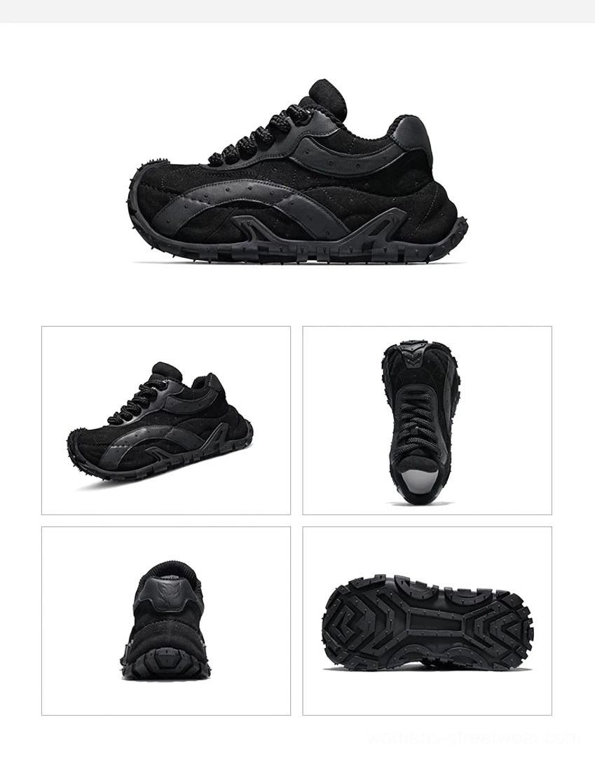 All-black TrailGrid chunky techwear sneakers with matte leather-textured upper, matching oversized rubber outsole, and multiple product detail views