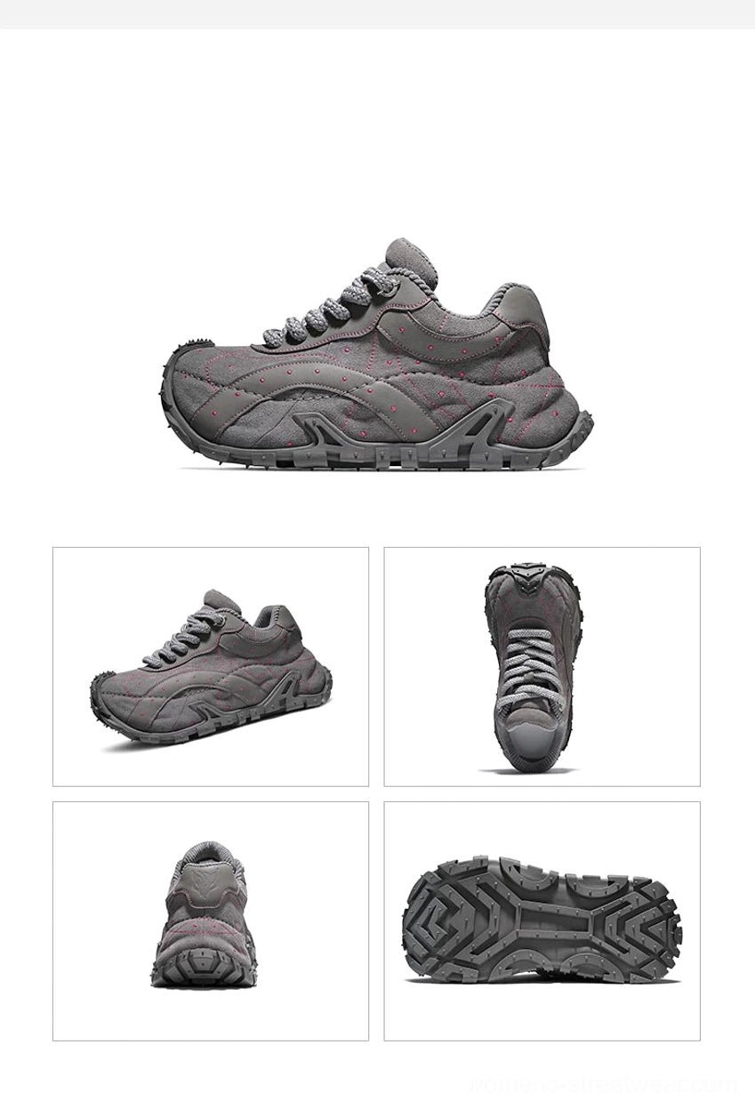 Dark gray TrailGrid chunky sneakers with quilted leather texture displayed in multiple side, front, rear, and outsole detail views