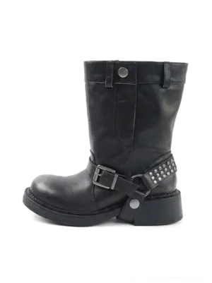 Front view of black triple-buckle leather biker ankle boots with metal rivets and chunky platform sole