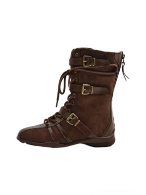 Dark brown triple buckle suede mid-calf boots with front laces gold hardware and back zipper side view