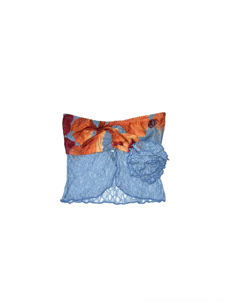 Flat lay of a tropical fruit and floral print strapless crop top with scalloped blue lace hem and 3D flower detail