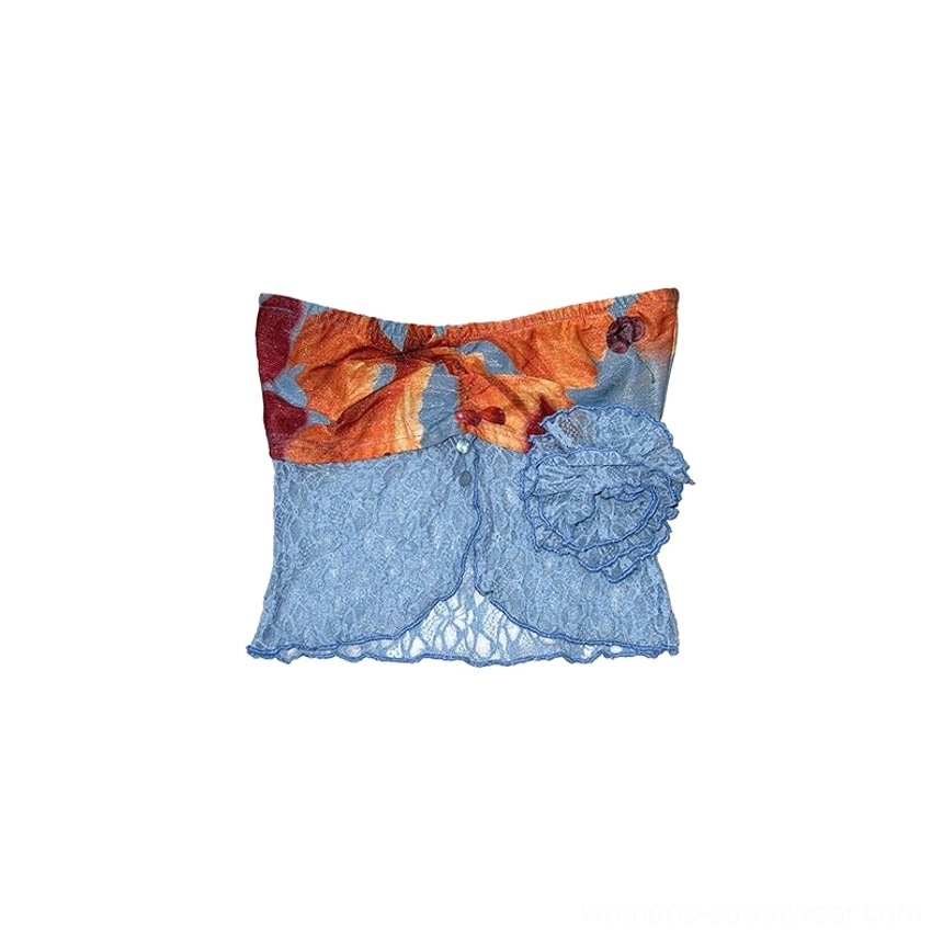 Tropical fruit print strapless lace crop top available in red yellow blue and random print placement options