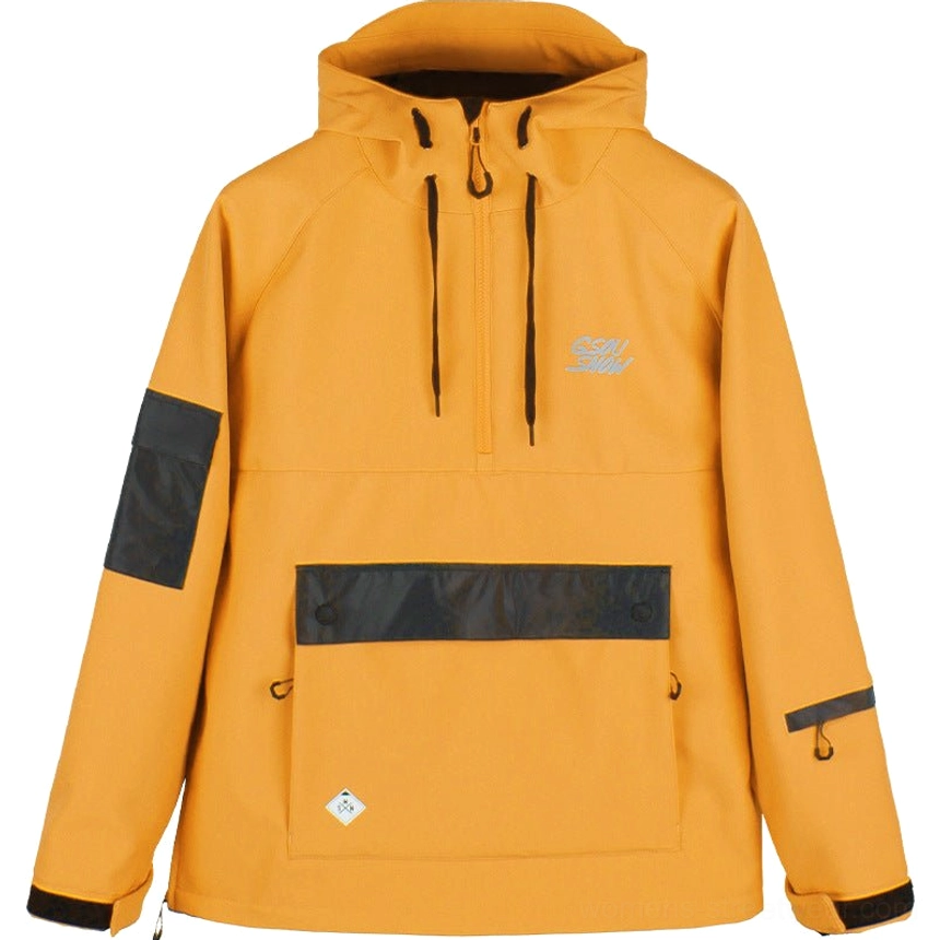 Turmeric mustard yellow hooded half-zip ski anorak jacket with black utility strap and cargo pocket