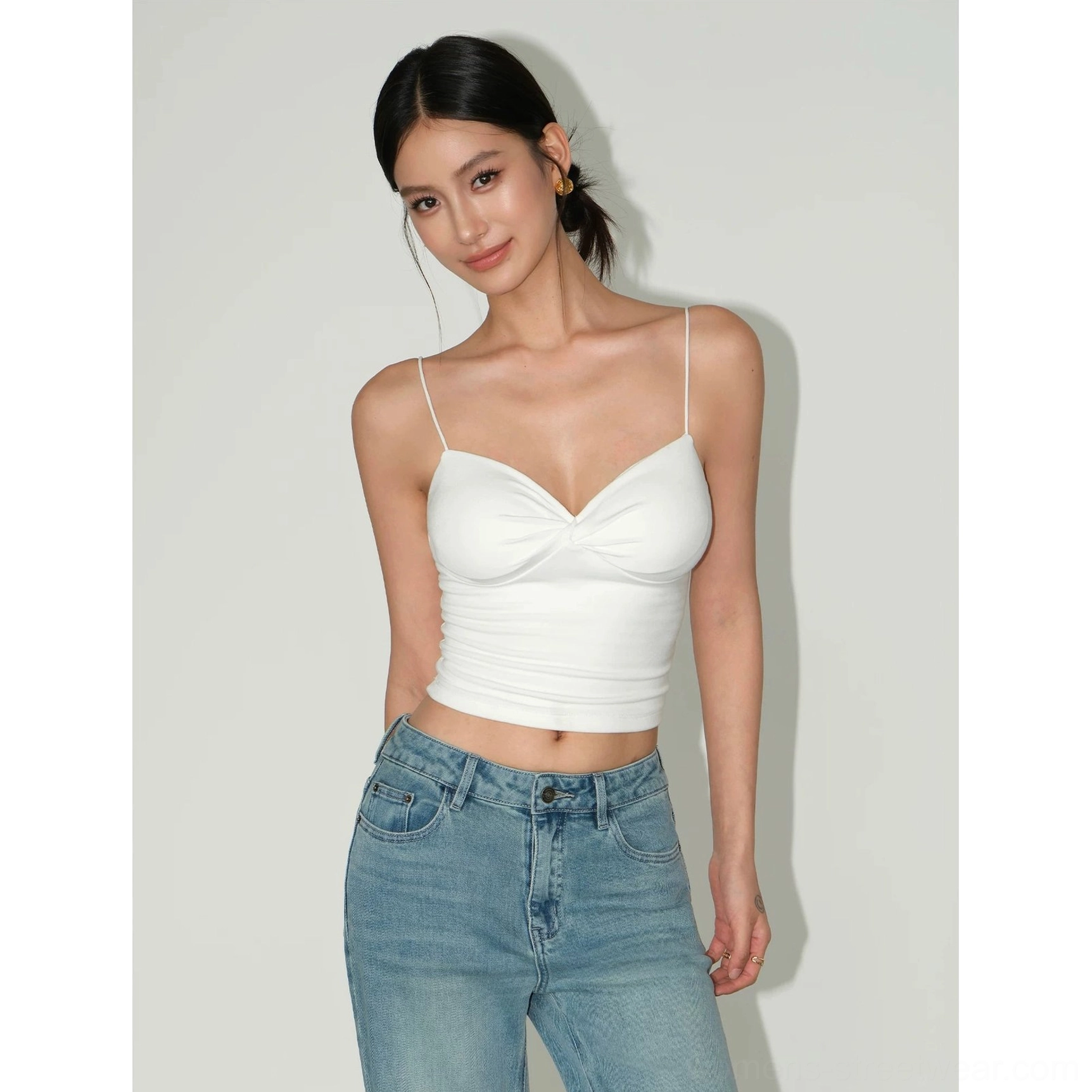 Off white twist-front backless crop cami top color variant with sweetheart neckline