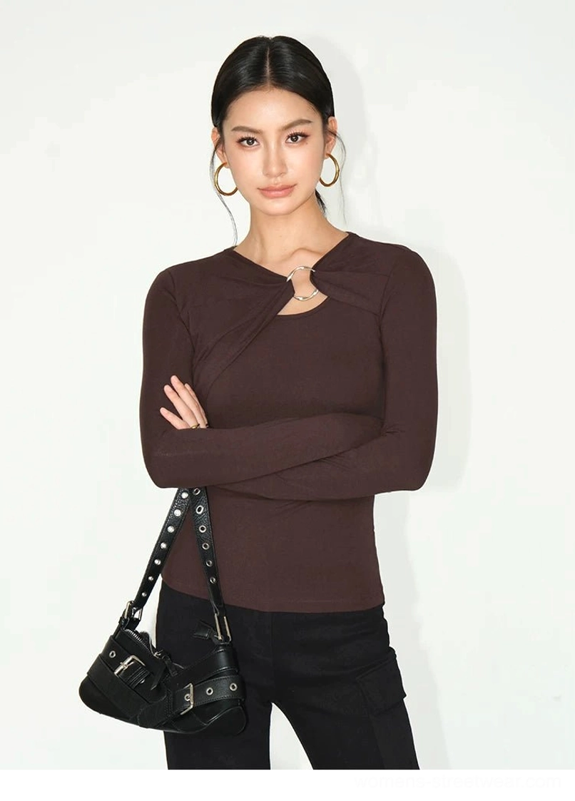 Twist front ring cutout knit top styled as a fitted Korean Y2K streetwear outfit