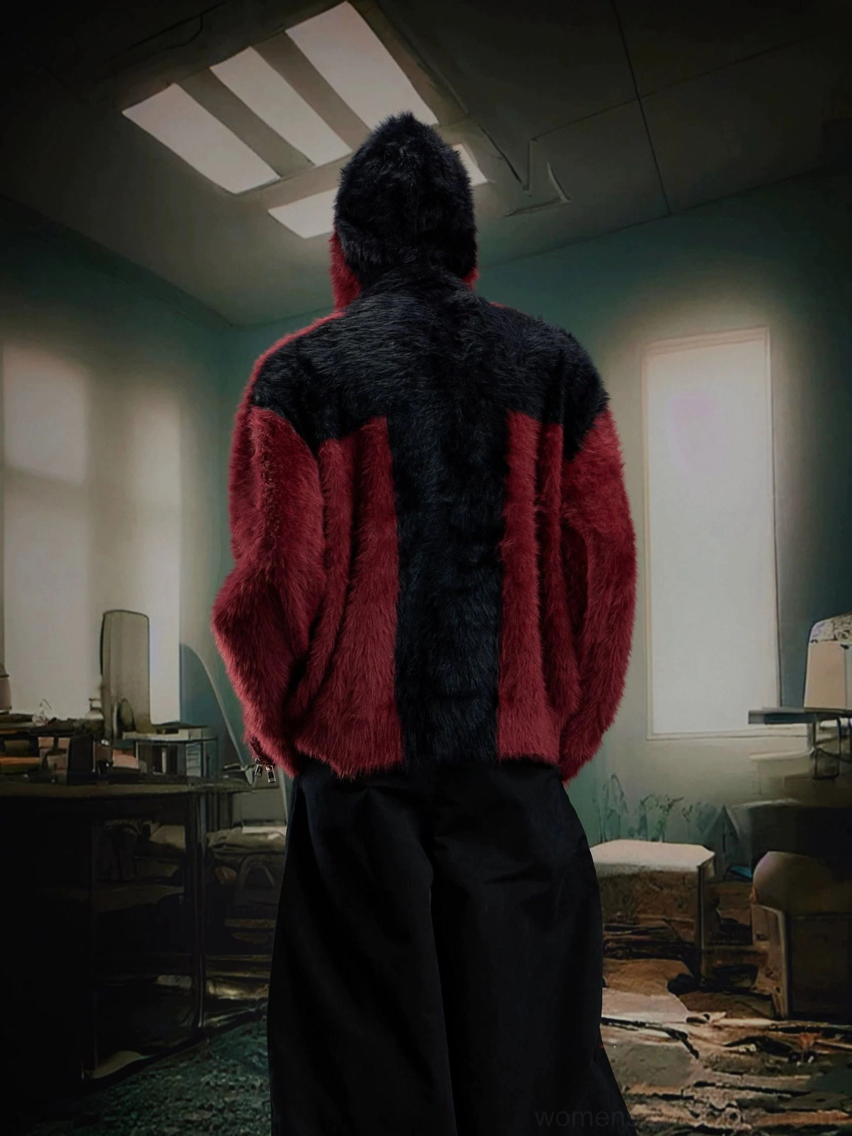 Two tone faux fur streetwear hoodie jacket with black body and wine red contrast sleeves back view