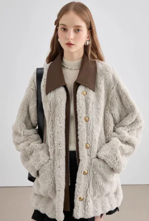 Gray two-tone faux fur winter coat front view with dark contrast collar gold buttons and plush textured finish